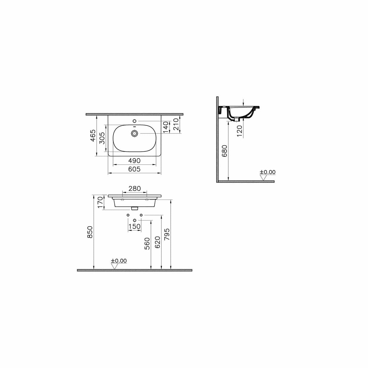 VitrA Root Classic Wall Mounted 2 Drawer 600mm Vanity Unit with One Tap Hole Basin