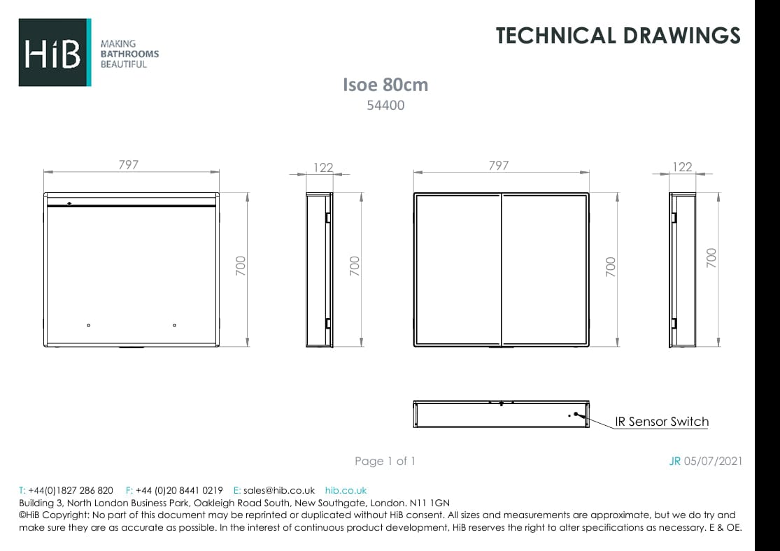 HiB Mirrored Cabinet 800 x 700mm HiB Isoe LED Mirror Cabinet