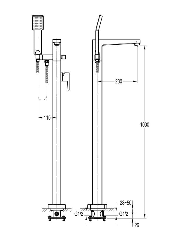 Flova Freestanding Bath Filler Flova Dekka Floor Standing Bath and Shower Mixer with Shower Set in Diamond Chrome