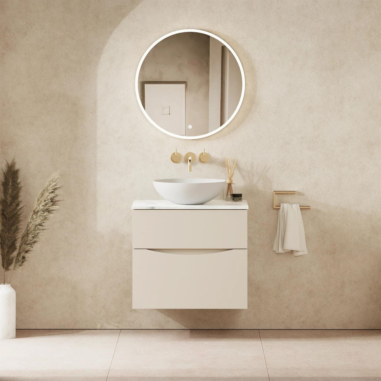 Crosswater Wall Mounted Vanity Unit 600mm / Warm Stone / Carrara Marble Effect Crosswater Glide II Wall Mounted Two Drawer Vanity Unit with Worktop