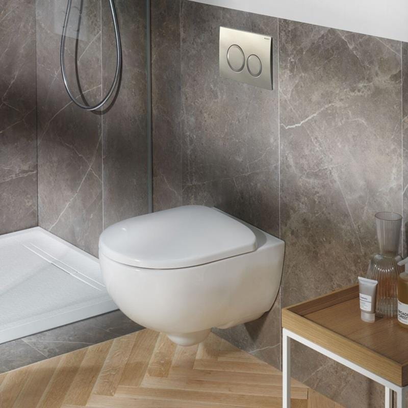 UK Bathroom Store Wall Hung Toilet Geberit Selnova Wall-Hung Rimless Toilet with Frame, Cistern, Flush Plate and Soft Close Seat Pack
