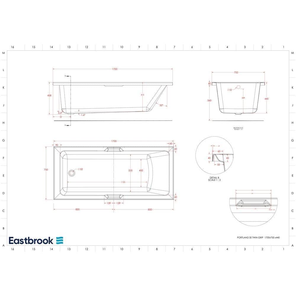 Eastbrook Single Ended Bath 1700 x 750mm / 5mm Eastbrook Portland Single Ended Bath with Twin Grips