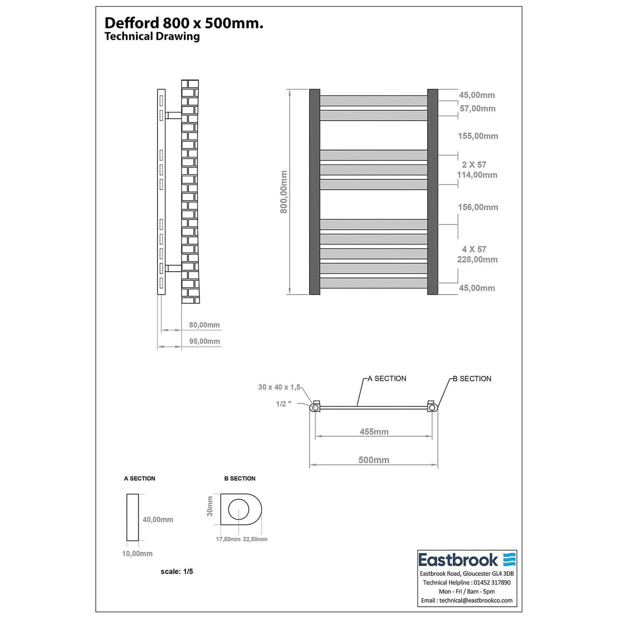 Eastbrook Ladder Rail Eastbrook Defford Vertical Designer Heated Towel Rail - 800 x 500mm - Matt Black