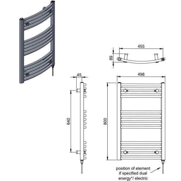 Vogue 800 x 500 / Dual Fuel Vogue Combes Curved Ladder Towel Rail in Chrome