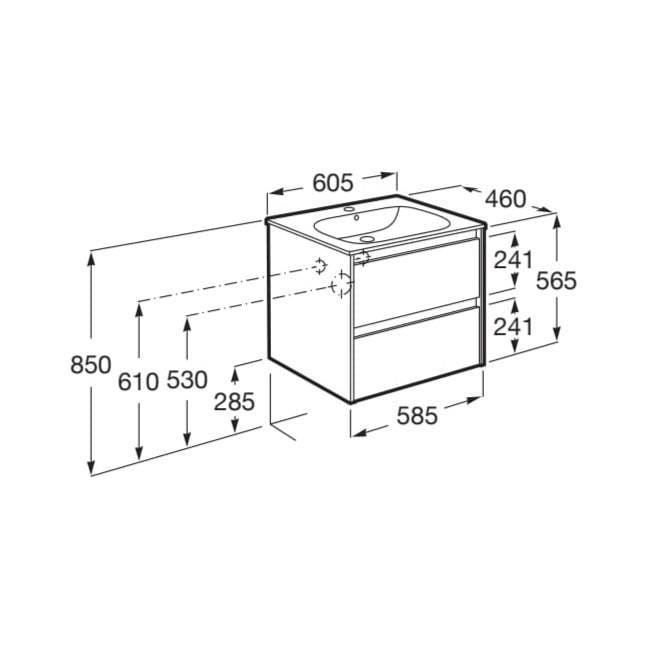 Roca Wall Mounted Vanity Unit Roca Tenet 600mm Wall Mounted Two Drawer Vanity Unit with Basin