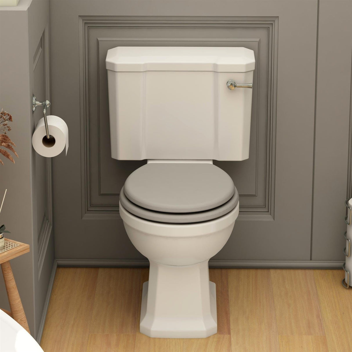Imex Close Coupled Toilet Grey Imex Wyndham Traditional Open Back Close Coupled Toilet with Soft Close Wooden Seat