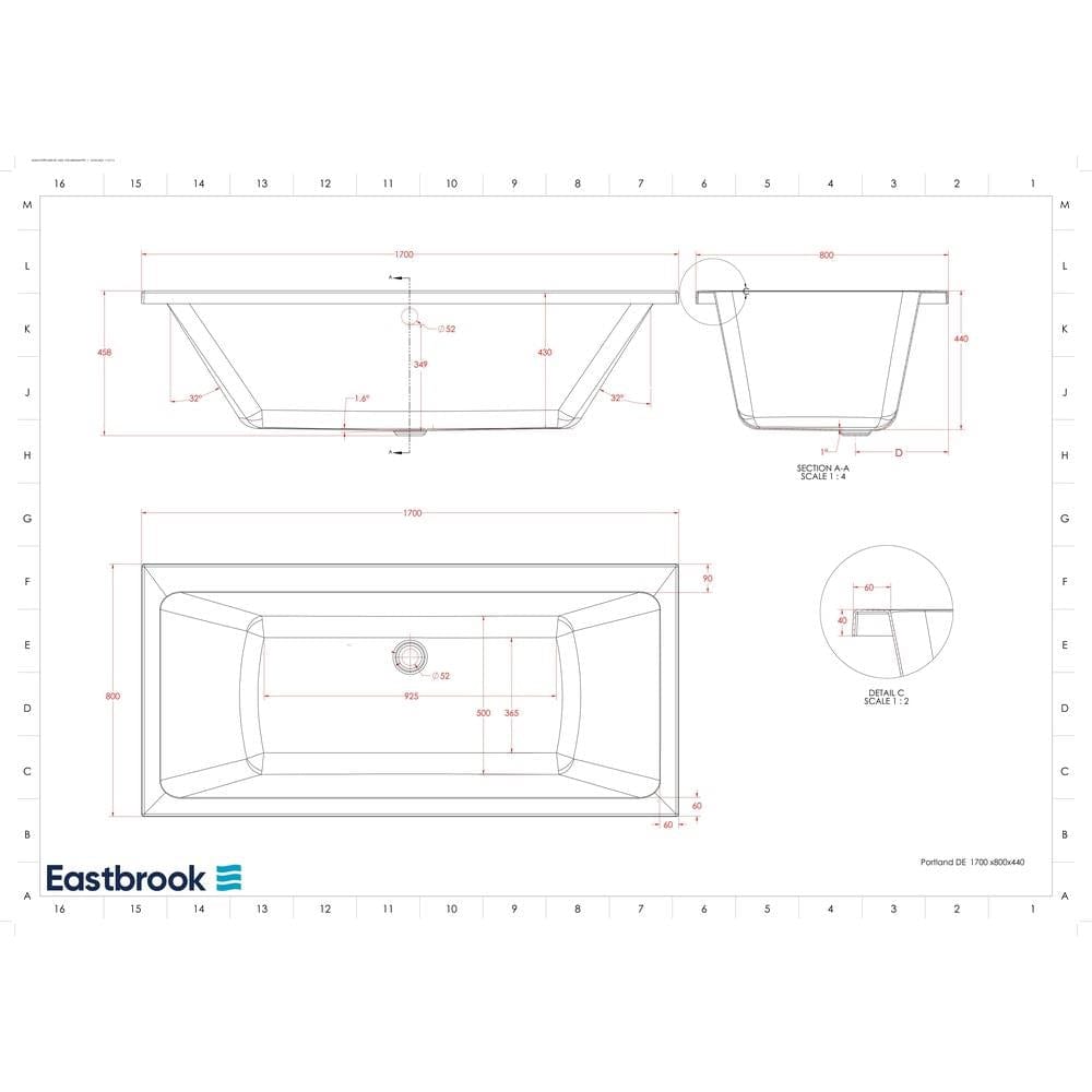 Eastbrook Double Ended Bath 1700 x 800mm / Reinforced Eastbrook Portland Double Ended Bath