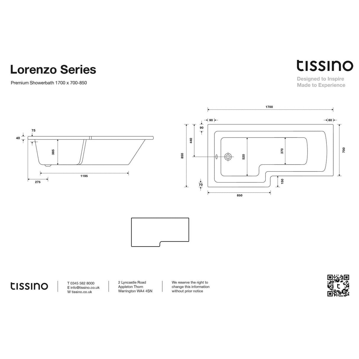 Tissino L-Shaped Shower Bath Tissino Lorenzo Premium Shower Bath 1700mm x 700-850mm Left Hand without Tap Holes