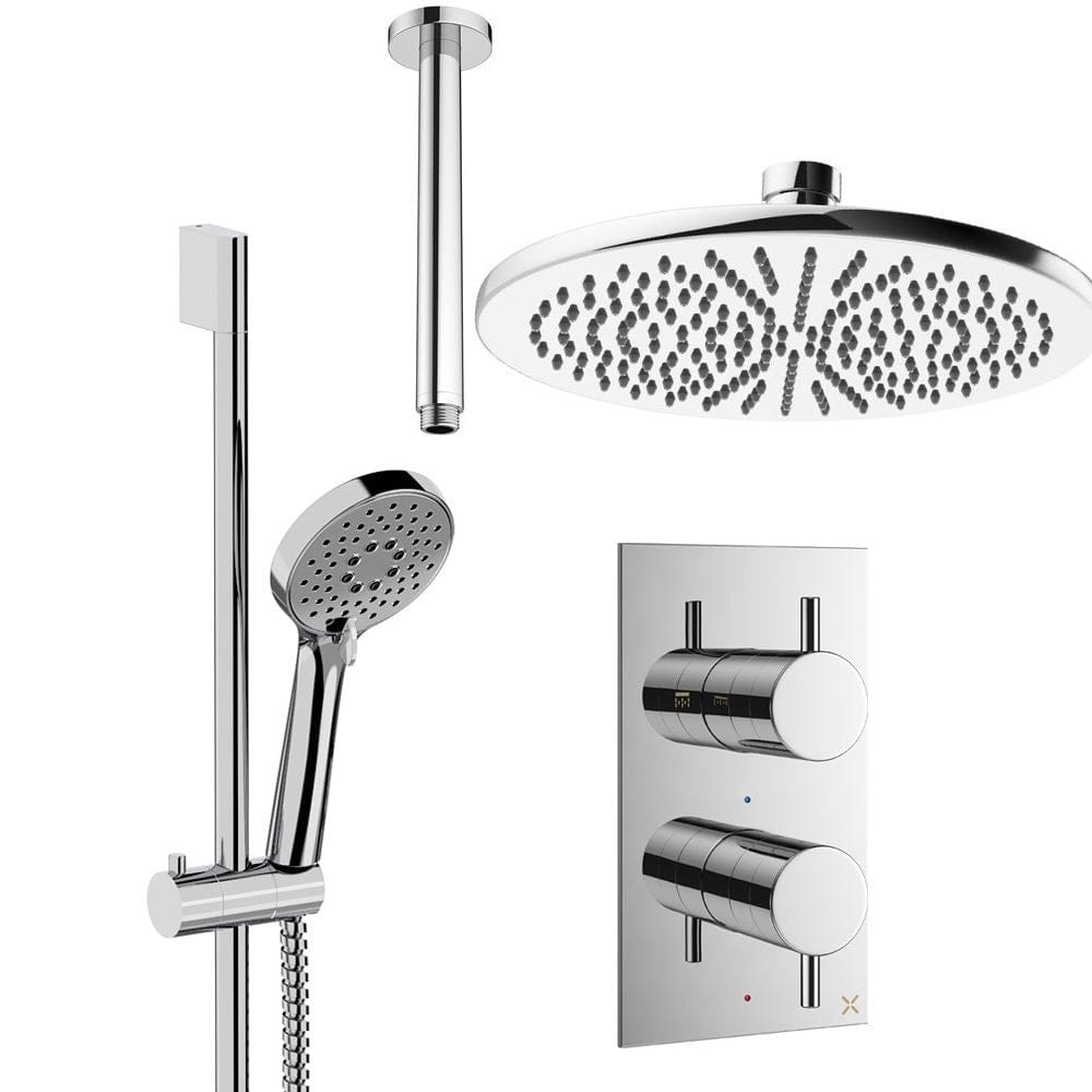 Crosswater Concealed Shower Set Chrome / Ceiling Arm / 300mm Crosswater Design 2 Handle 2 Outlet Shower Set 4 with Rainfall Head and Slide Rail Kit
