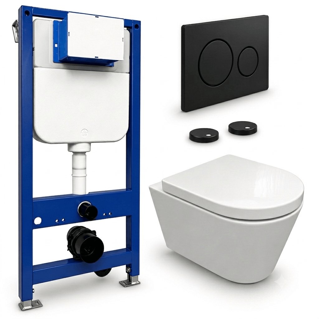 Aquarius Bathrooms Wall Hung Toilet Matt Black / Round Aquarius Urbano Rimless Wall Hung Toilet Pack with Frame, Flush Plate, Soft Closing Seat and Hinge Covers