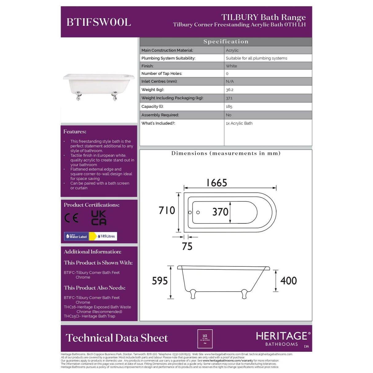Heritage Tilbury Corner Freestanding Acrylic Singled Ended Bath with Chrome Feet