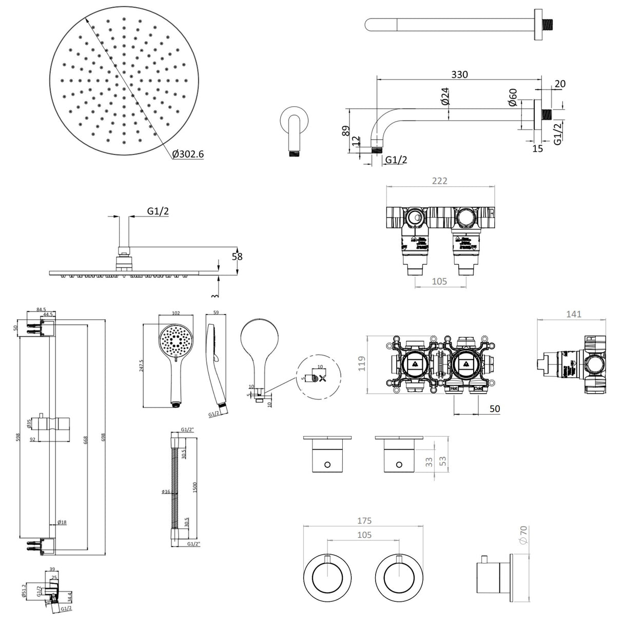 UK Bathroom Store Concealed Shower Set Crosswater Module Shower Set 2 with Riser Rail Kit and Overhead Shower