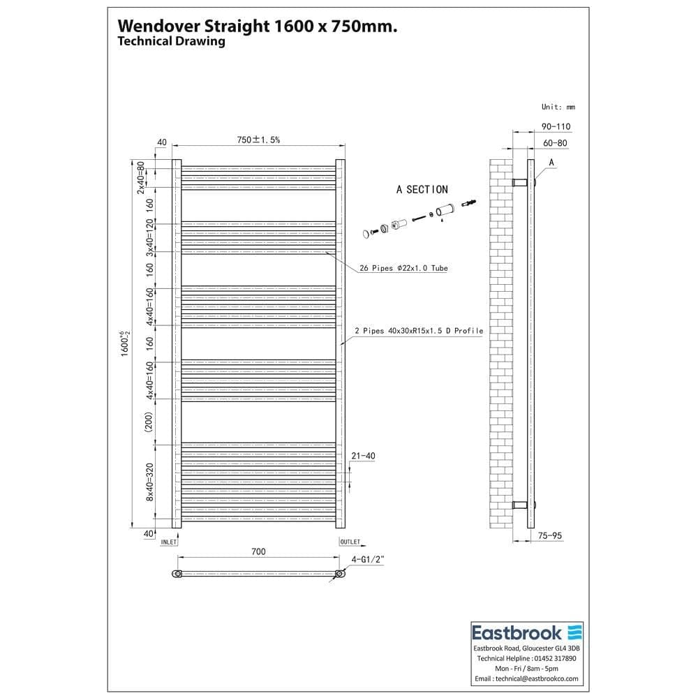 Eastbrook Wendover Straight Vertical Heated Towel Rail in Matt Black