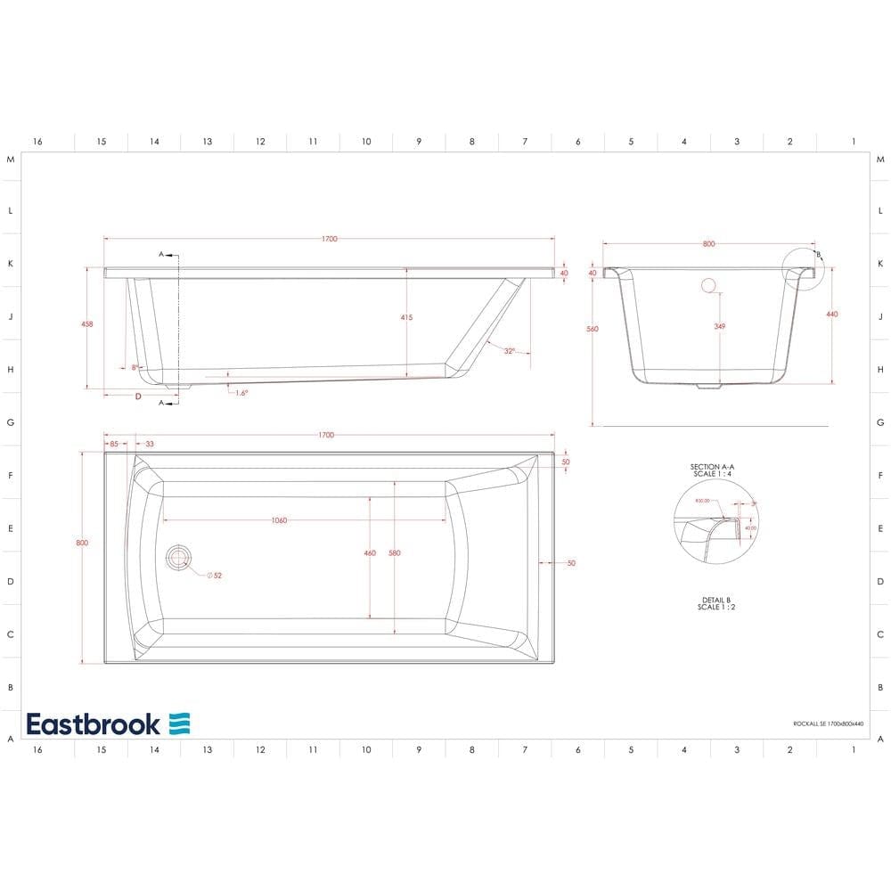 Eastbrook Single Ended Bath 1700 x 800mm / 5mm Eastbrook Rockall Single Ended Bath