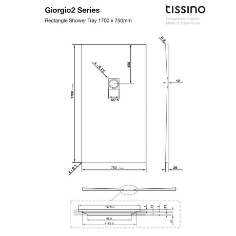 Tissino Rectangle Shower Tray 1700 x 750mm Tissino Giorgio2 Rectangle Shower Tray in Black Slate