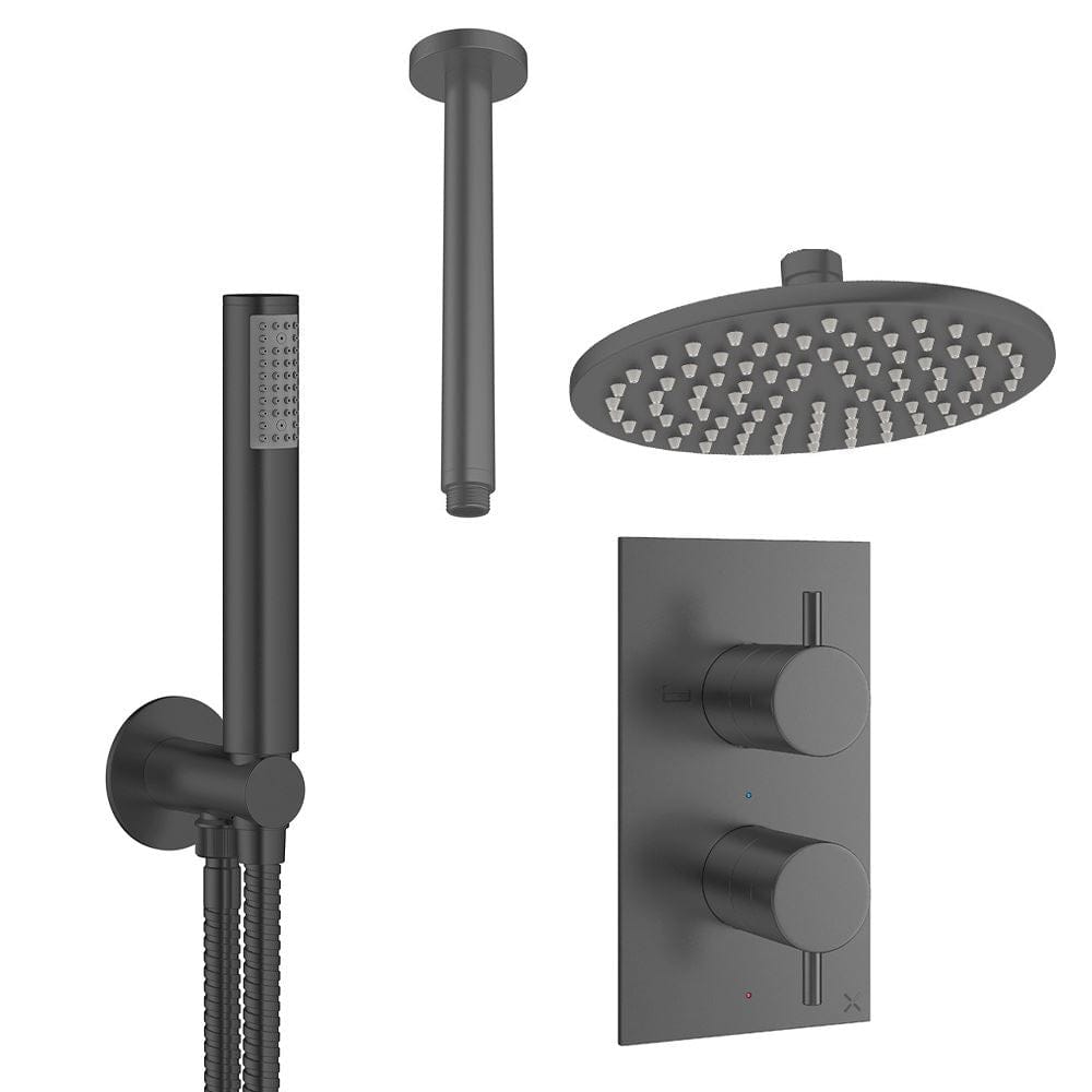 Crosswater Concealed Shower Set Slate / Ceiling Arm / 200mm Crosswater Design 2 Handle 2 Outlet Thermostatic Shower Set with Rainfall Head and Pencil Handset