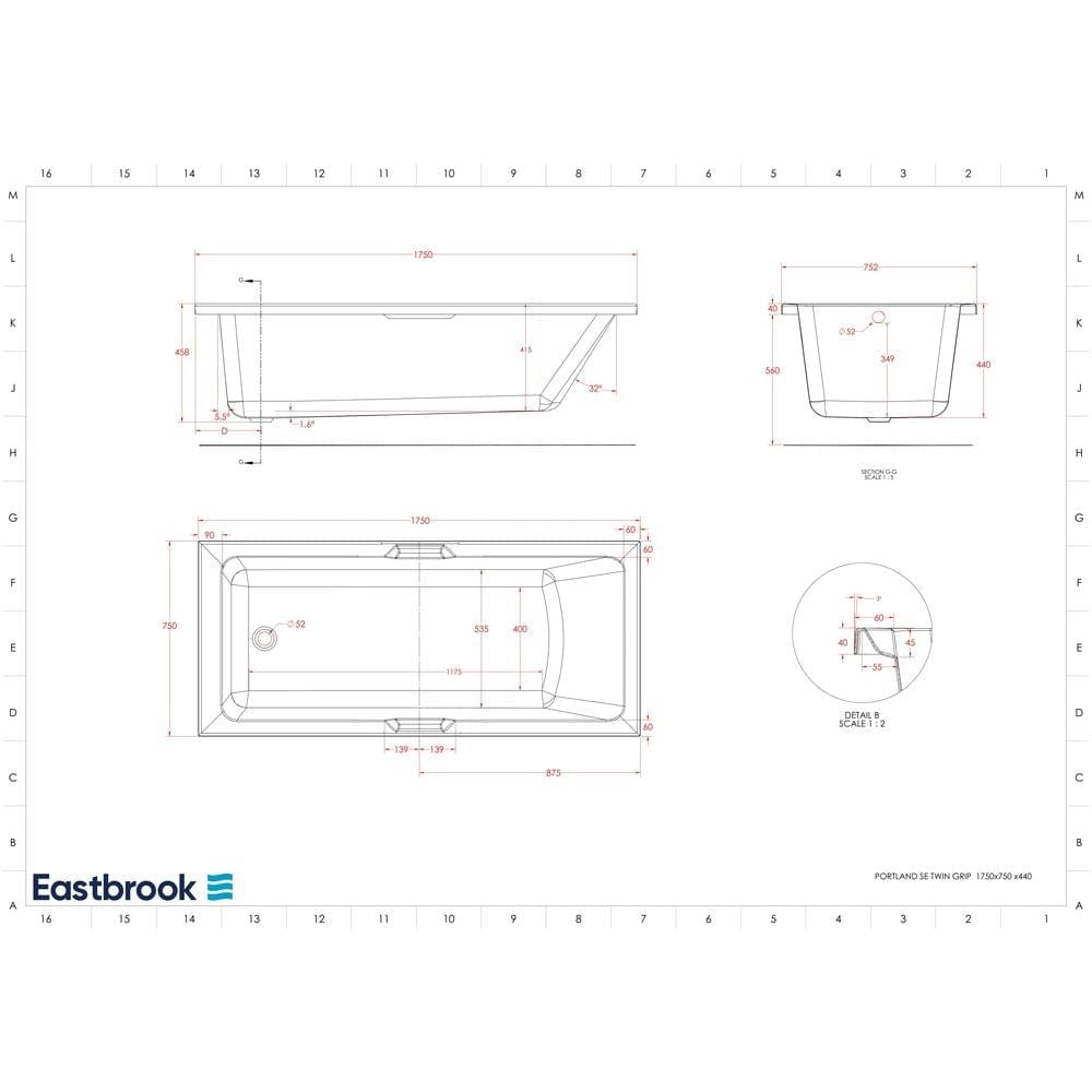 Eastbrook Single Ended Bath 1750 x 750mm / 5mm Eastbrook Portland Single Ended Bath with Twin Grips