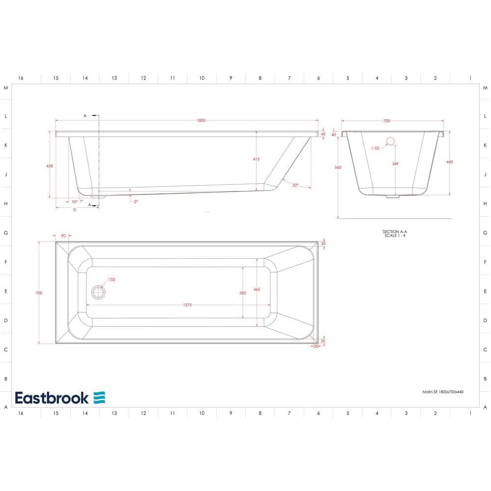 Eastbrook Single Ended Bath 1800 x 700 / 5mm Eastbrook Malin Single Ended Bath