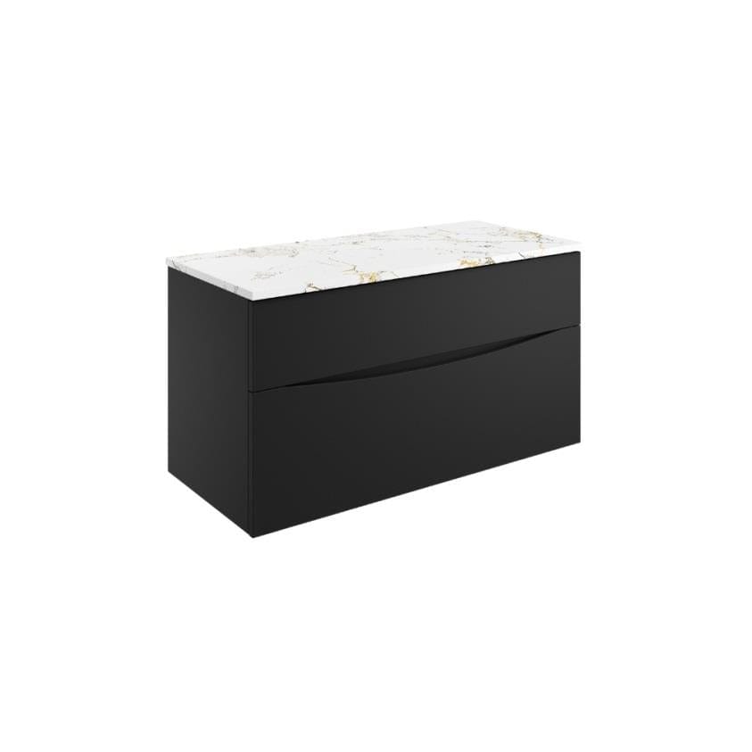 Crosswater Wall Mounted Vanity Unit Matt Black / Gold Vein Estatuario / 1000mm Crosswater Glide II 2 Drawer Vanity Unit with Worktop