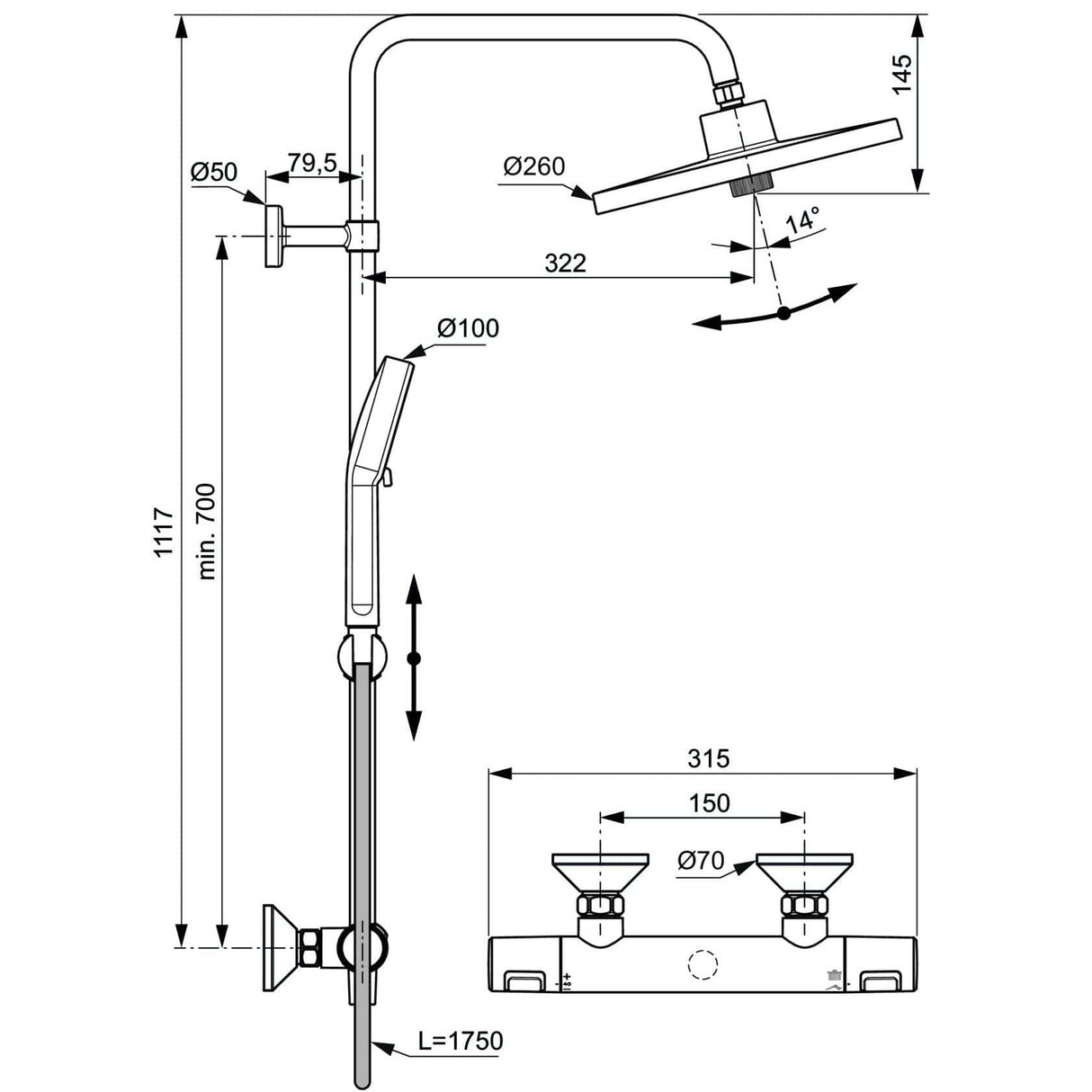 Ideal Standard Exposed Shower Set Ideal Standard Ceratherm T25+ Exposed Thermostatic Shower Valve Set with Showerhead and Handset
