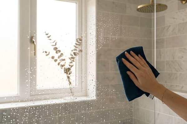 Hand cleaning wet shower glass with soft cloth