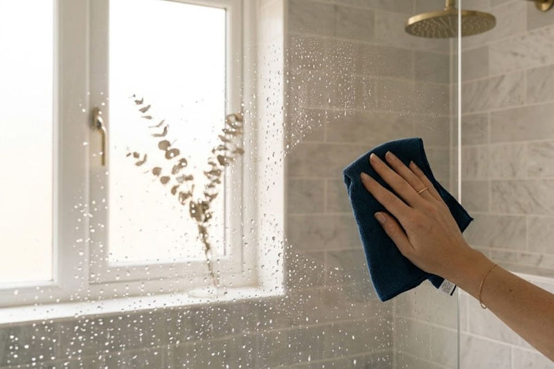 Hand cleaning wet shower glass with soft cloth