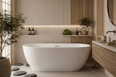Japandi inspired bathroom featuring a freestanding bath