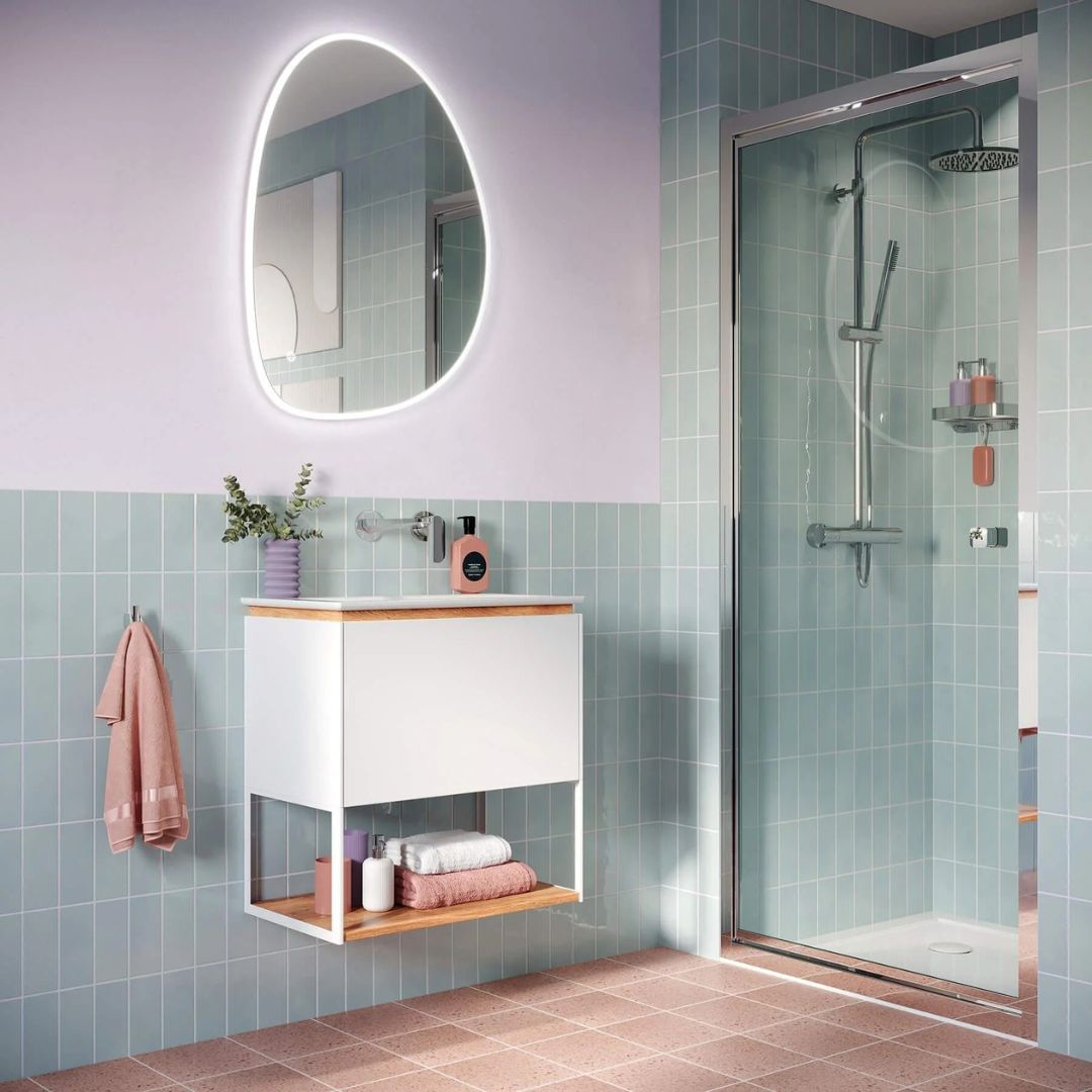 Crosswater Mada Optional Shelf and Frame in Purple and Blue Bathroom