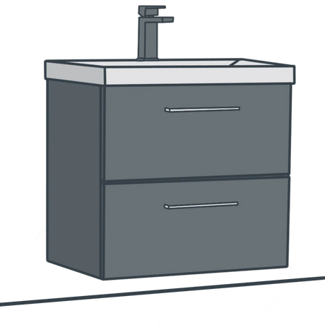 A line illustration of a wall mounted vanity unit
