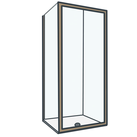 A line illustration of a brushed brass shower enclosure