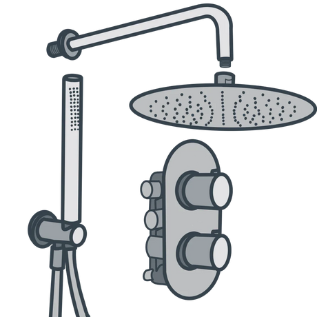 A line illustration of a complete shower set