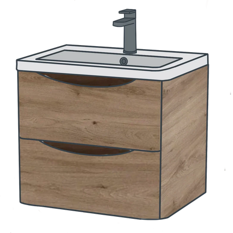 A line illustration of a oak vanity unit