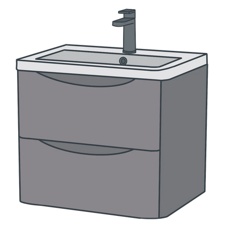 A line illustration of a grey vanity unit