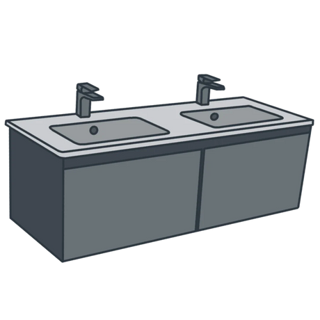 A line illustration of a double sink vanity unit