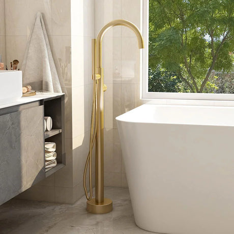 Imex Ravine Floor Standing Bath Shower Mixer with Hose and Handset Brushed Brass
