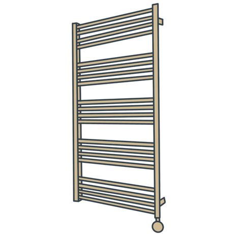 A line illustration of a brushed brass towel radiator