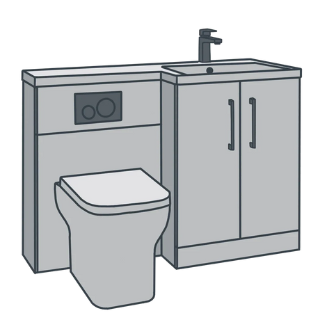A line illustration of a combination toilet and sink
