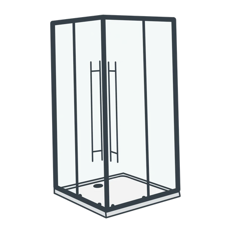 A line illustration of a corner entry shower enclosure