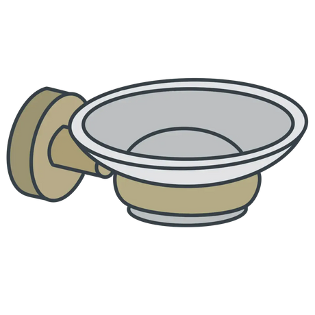 A line illustration of a brushed brass soap dish