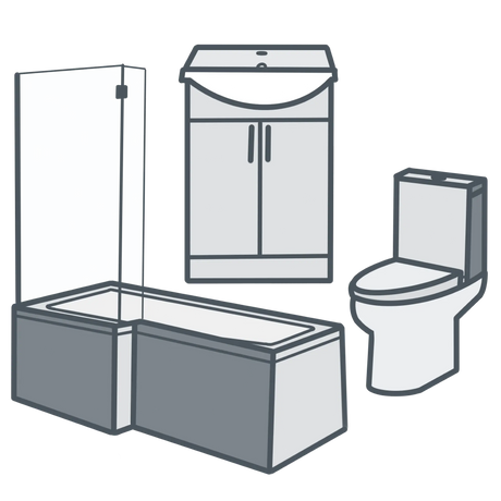 A line illustration of a bathroom suite