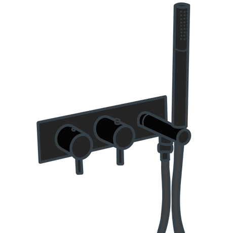 A line illustration of a black shower valve with handset