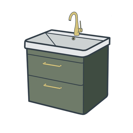A line illustration of a green coloured bathroom vanity unit