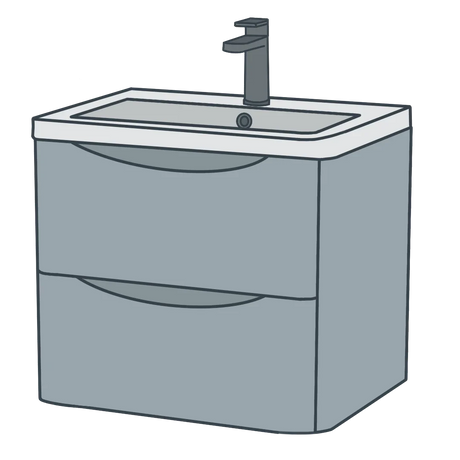 A line illustration of a blue vanity unit