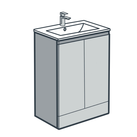 A line illustration of a bathroom vanity unit