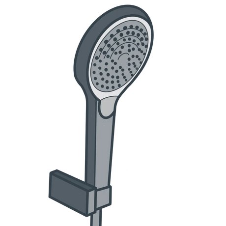 A line illustration of a handheld shower