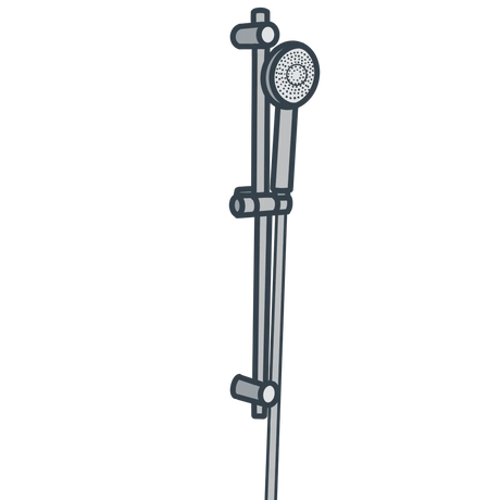 A line illustration of a shower riser rail with shower handset