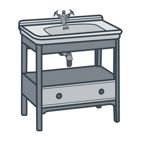 A line illustration of a traditional bathroom vanity unit