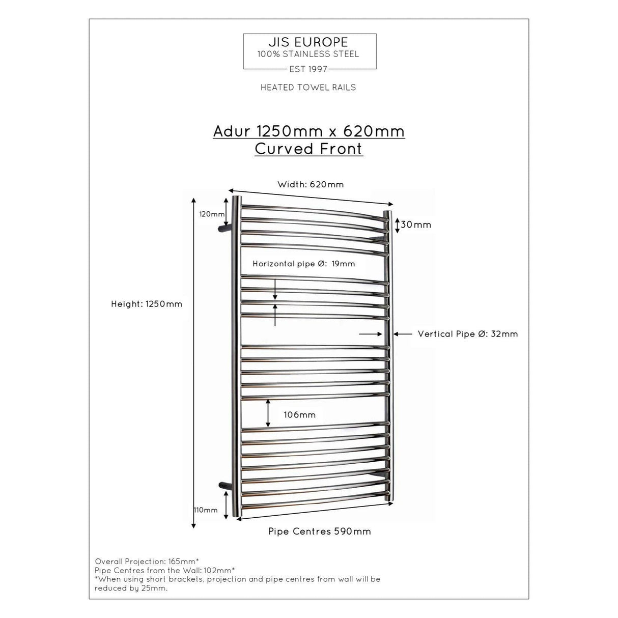 JIS Ladder Rail JIS Sussex Adur Vertical Stainless Steel Curved Heated Towel Rail