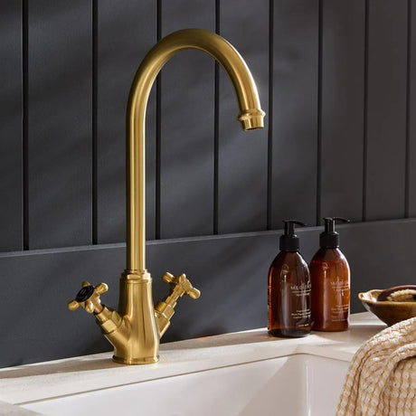 Vado Kitchen Tap Brushed Brass/Black Booth & Co. Axbridge Mono Kitchen Mixer Tap with Cross Handles