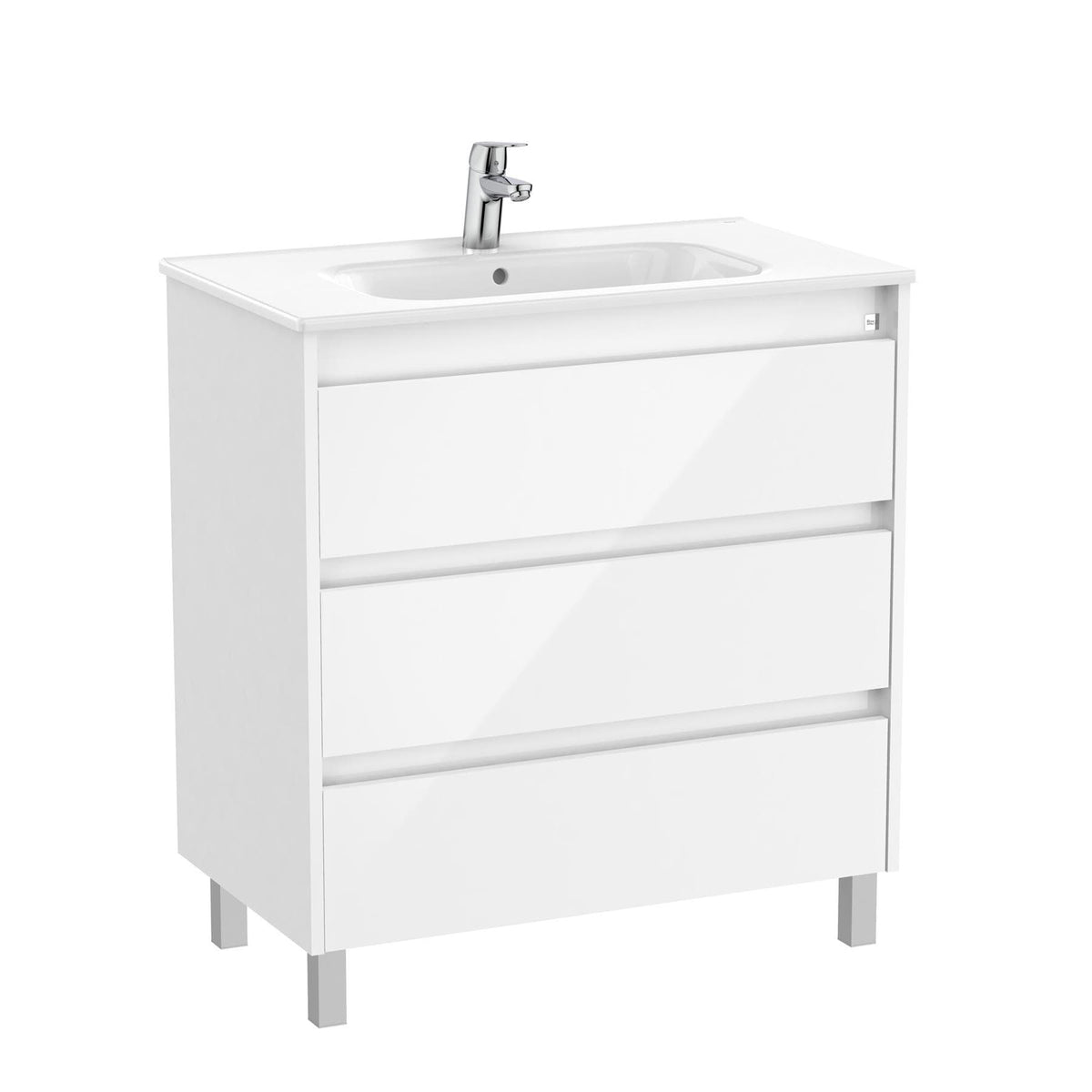 Roca Floor Standing Vanity Unit Gloss White Roca Tenet 800mm Floor Standing Three Drawer Vanity Unit with Basin